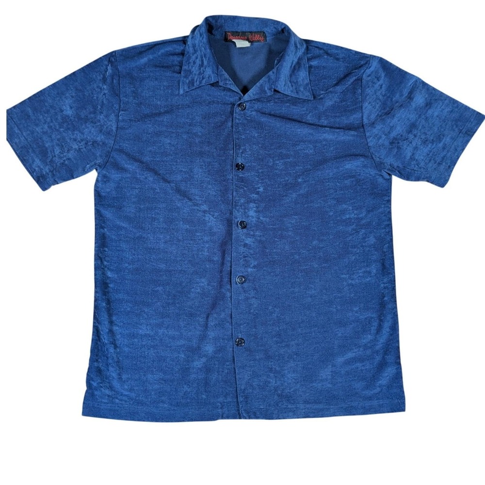 Vintage Dangerous Willie Men's Small Blue Short Sleeve Shiny Button Up Shirt USA